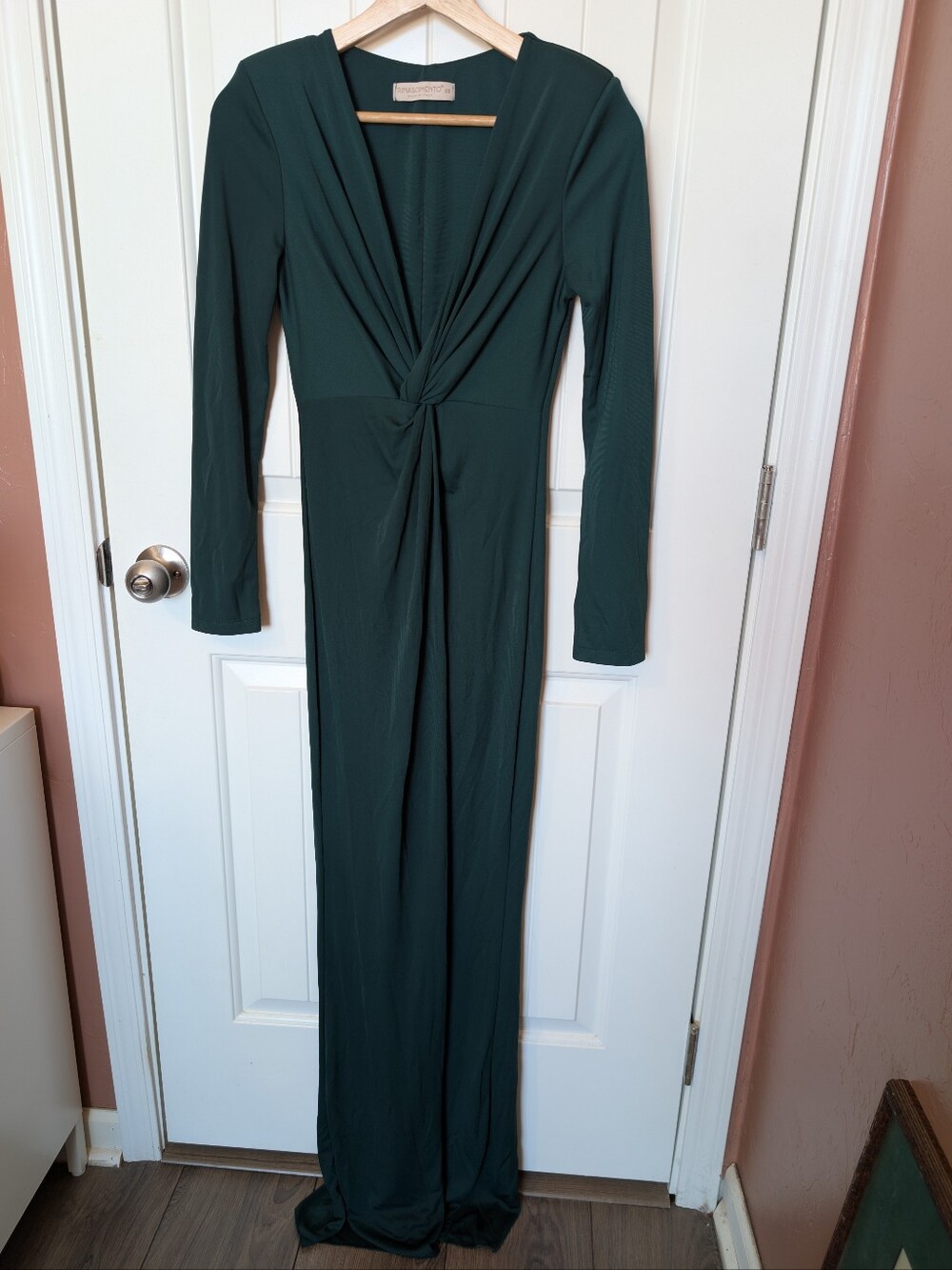 Rinascimento Formal Twist Front Long Sleeve Maxi Dress XSmall Dark Green